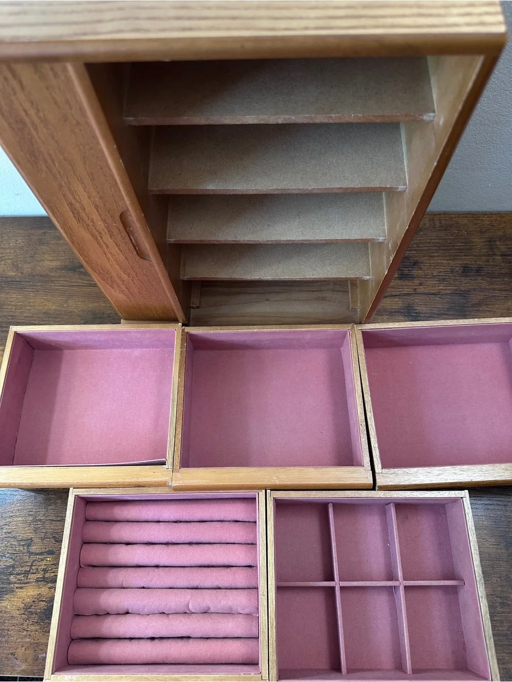 Vintage MCM Style Solid Oak Wood Jewelry Box Chest 5 Drawers Side Door Cabinet